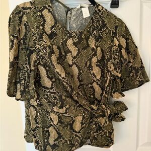H&M Olive Green and Black Snake-Print Wrap Blouse